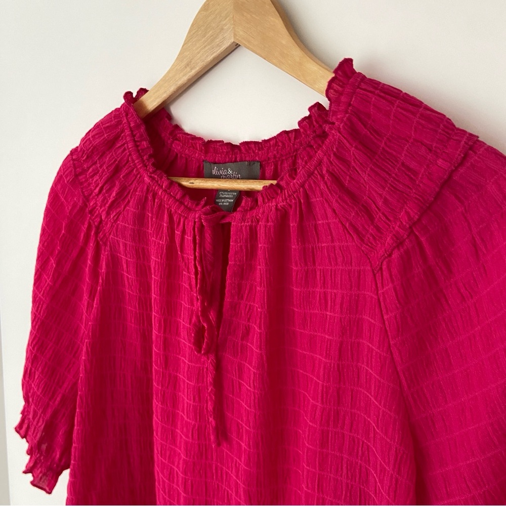 OLIVIA & MARTIN BRIGHT PINK TOP/BLOUSE WITH RUFFLE DETAILS, TIE NECKLINE, LARGE - Picture 6 of 11